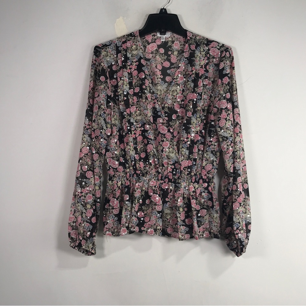 Senlis Floral V-Neck Long Sleeve Blouse, Women's Size M - Black/Pink